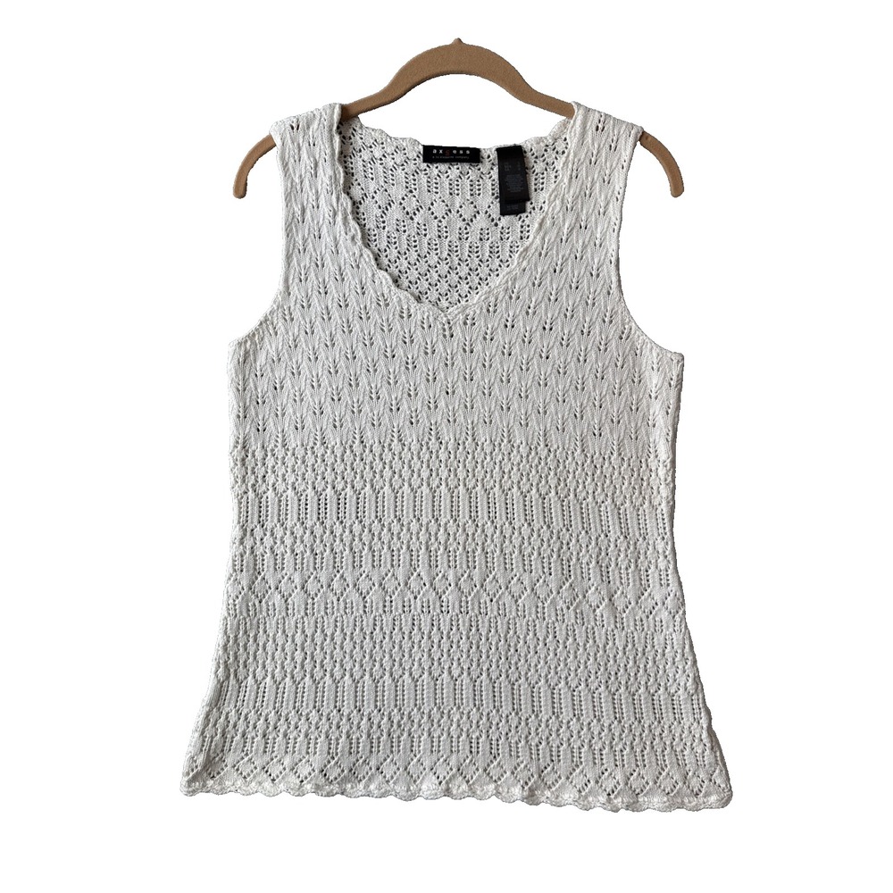 Axcess Liz Claiborne White Knit Crochet Tank Top L Coquette Pointelle Boho NWOT